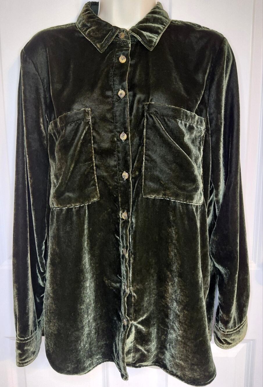 Anthropologie Pilcro Hadley Velvet Relaxed Button Down Shirt Olive Green M
